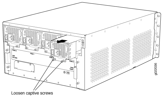 Rear view of server chassis showing modular power supply units and fan tray. Instruction to loosen screws for removal. Ventilation holes on the side.