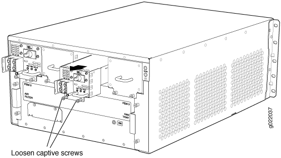 Rear view of a rack-mounted server chassis with labeled instructions for removing a power supply unit.