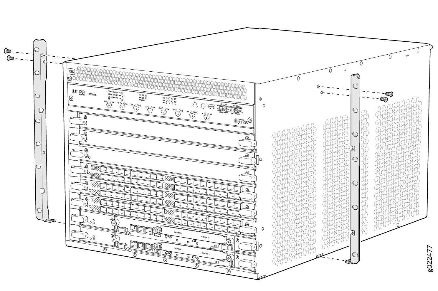 Moving the Mounting Brackets to the Center of the Chassis in an EX9208 Switch