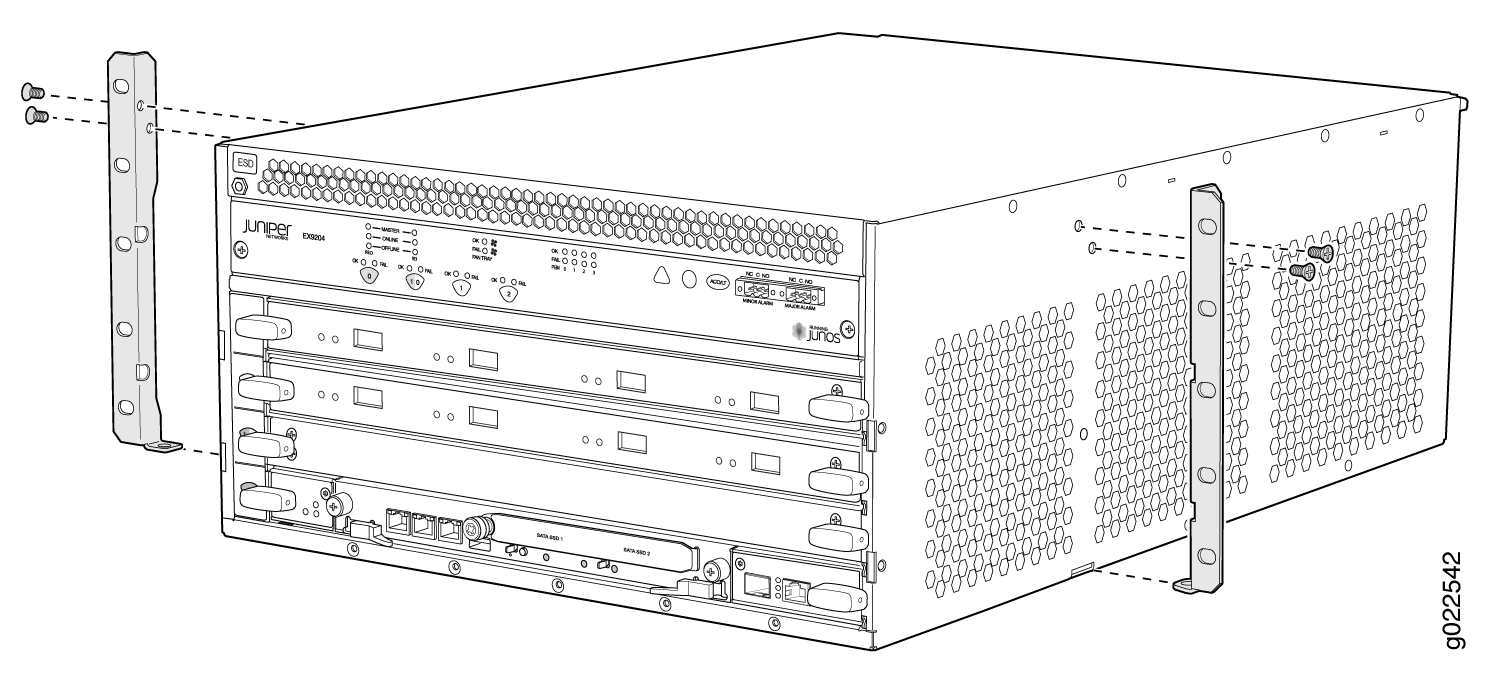 Moving the Mounting Brackets to the Center of the Chassis in an EX9204 Switch