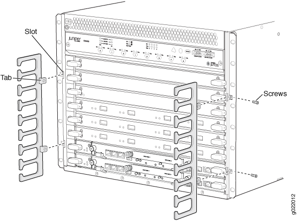 Front view of a Juniper router or switch showing slots labeled Slot, Tab, and Screws for module installation or removal.