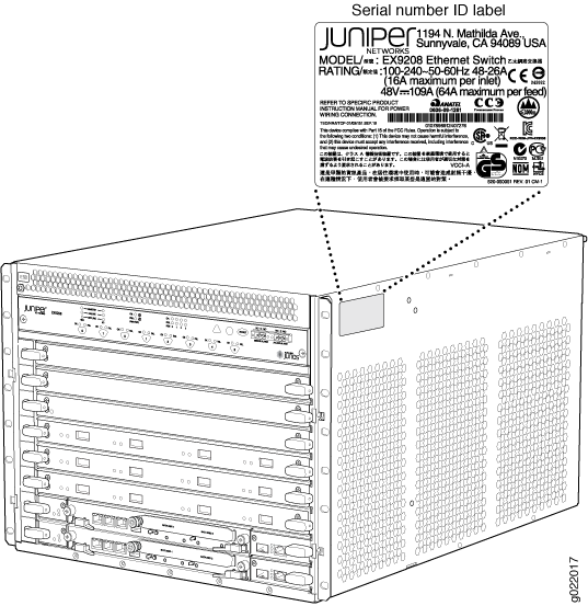 Juniper Networks EX9208 Ethernet Switch with front and side view, showing modular design and serial number ID label with model EX9208 and power ratings.