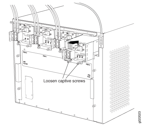 Technical diagram showing server chassis with PDM 0, PDM 1, PDM 2, cables, instructions to loosen captive screws, air filter, and fan tray.