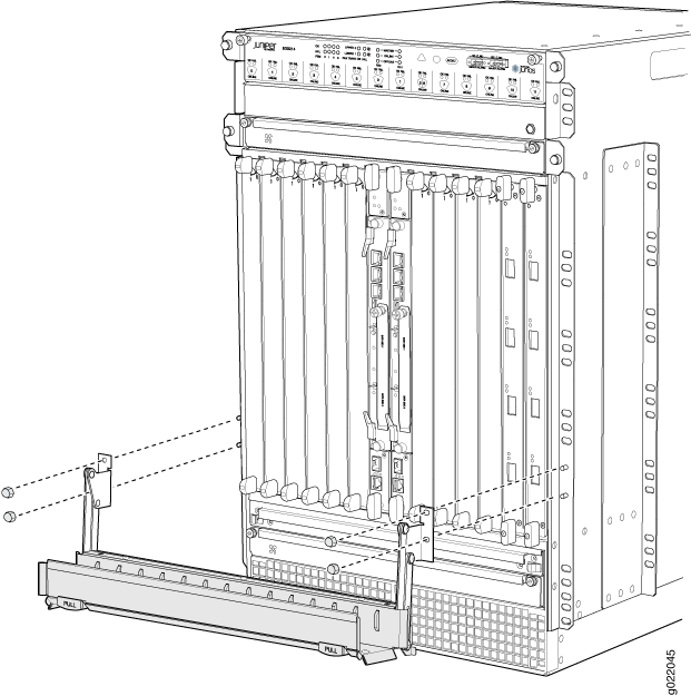 Technical diagram of Juniper Networks router chassis front view with slots for line cards and exploded view of cable management bracket with screws.