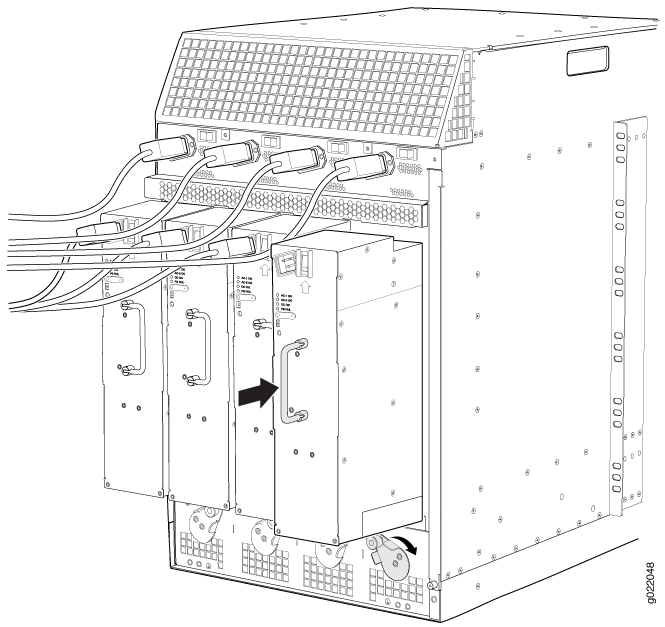 Server chassis with modular components; arrow shows PSU removal direction; cables connected at top.