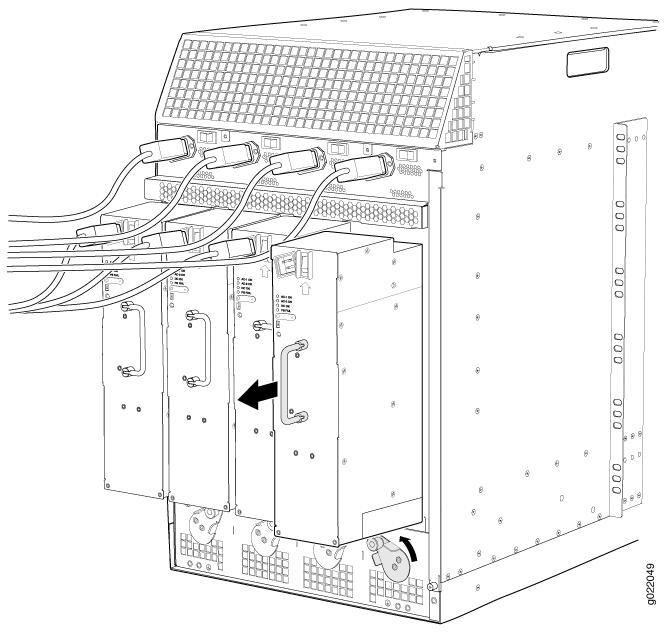 Server chassis illustration showing PSU removal with arrows indicating handling direction and connected cables for power or data.