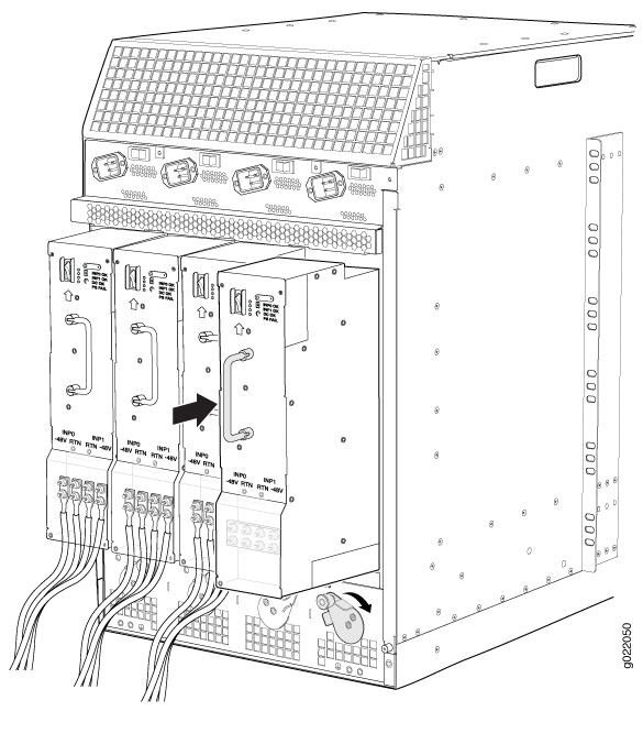 Rack-mounted electronic equipment system with modular units, labeled power connections, and wiring, showing unit insertion or removal.