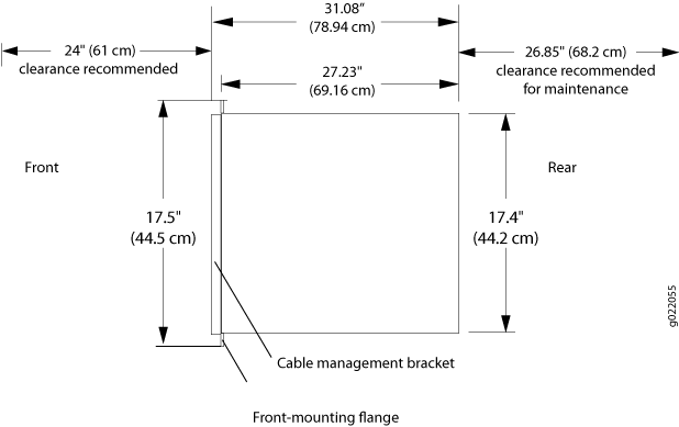 Technical diagram of equipment dimensions and clearances: front-mounting flange, cable management bracket, clearance recommendations 24 inches front, 26.85 inches rear, and device dimensions in inches and centimeters.