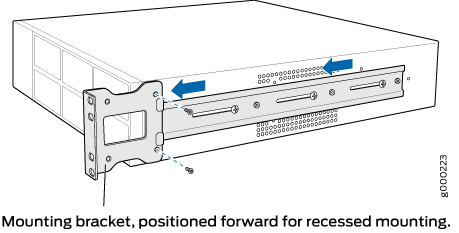 Mounting bracket on server equipment for recessed rack installation with arrows showing forward position for deeper placement.
