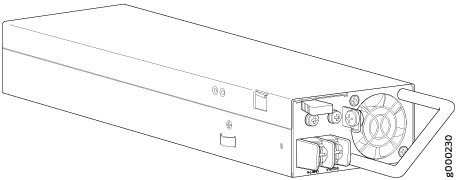 Technical drawing of a power supply unit with a cooling fan, connectors, and a handle for installation.