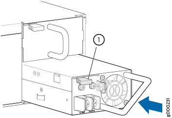 Power supply unit with handle and cooling fan being removed or installed in server. Arrow indicates direction.