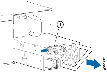 Power supply unit with latch labeled 1 for securing or releasing. Blue arrow shows direction for insertion or removal. Fan and connectors visible.