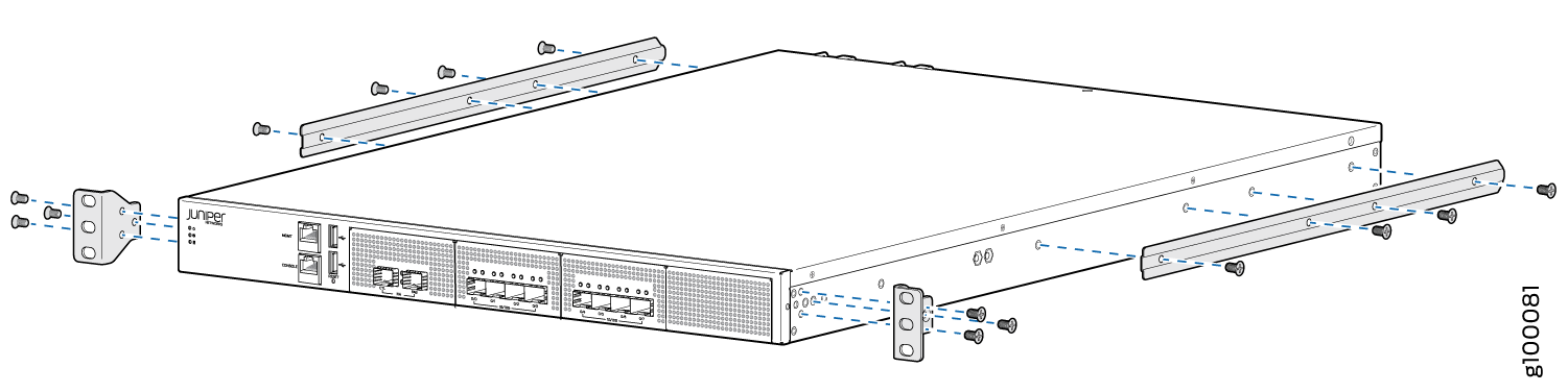Juniper Networks appliance with rack-mounting brackets being attached for installation in a 19-inch server rack.