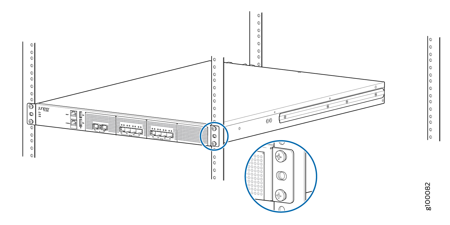 Juniper network device mounted in 19-inch server rack with front panel ports, indicators, and management interfaces.