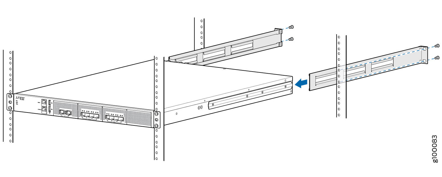 Juniper Networks device installation with sliding rails in a server rack showing steps to secure rails and device with screws and arrows.