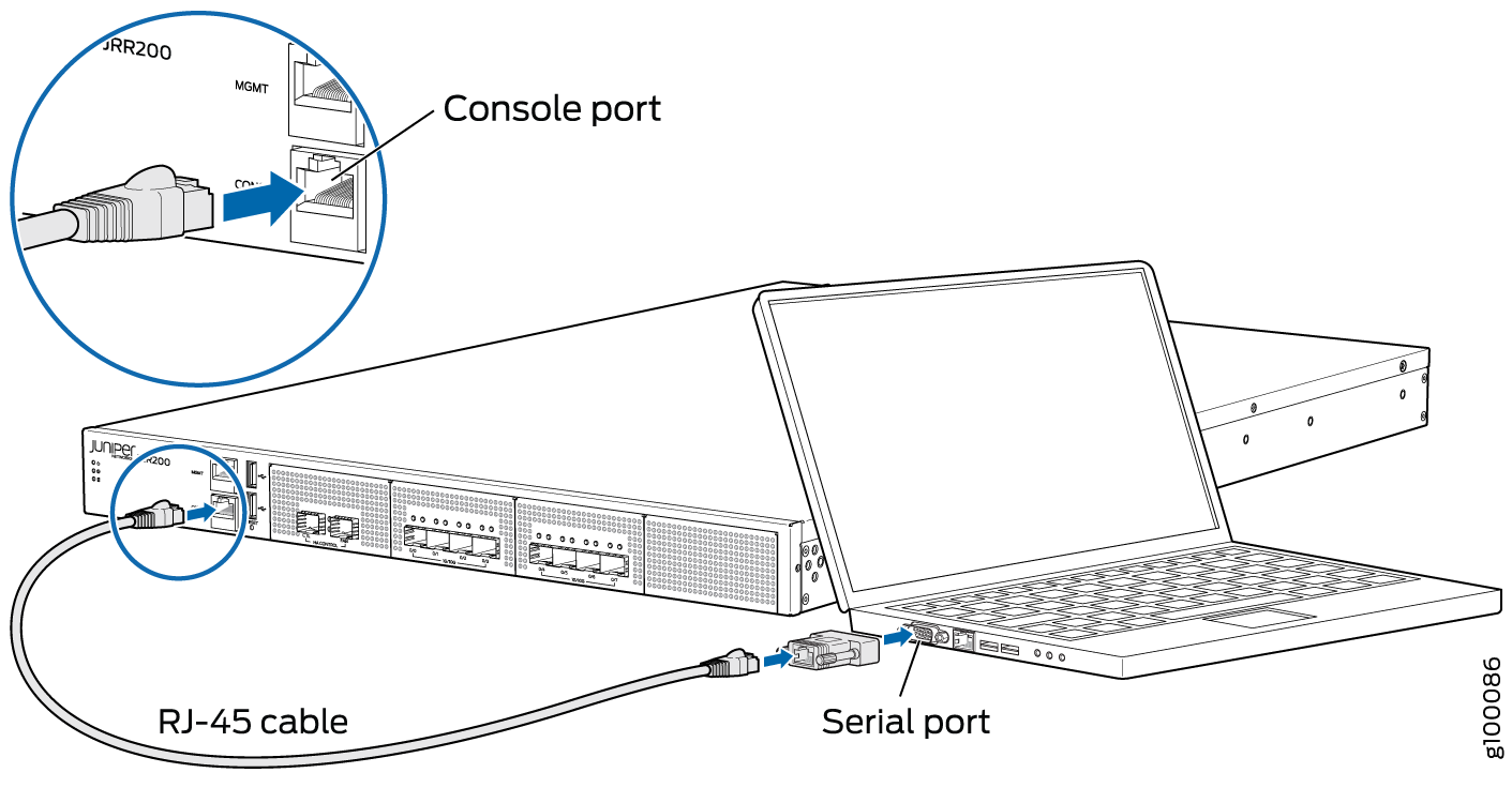Juniper JRR200 setup: RJ-45 cable connects console port to laptop serial port for device management.