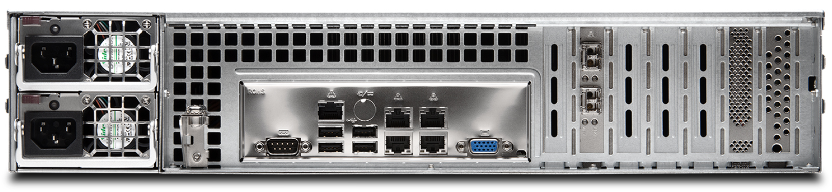 Rear view of a server with two power supply units, USB, Ethernet, serial, and VGA ports, and expansion slots.