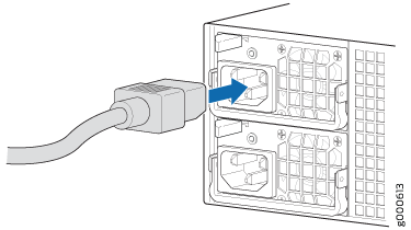 Power cable connecting to PSU with blue arrow indicating insertion direction.