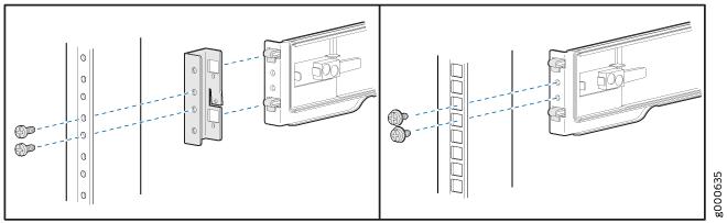 Assembly diagram showing bracket installation on a rack frame with screws; dotted lines indicate alignment.