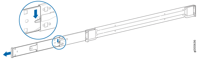 Telescopic rail assembly with close-up of blue arrows highlighting locking mechanism for extending or retracting.