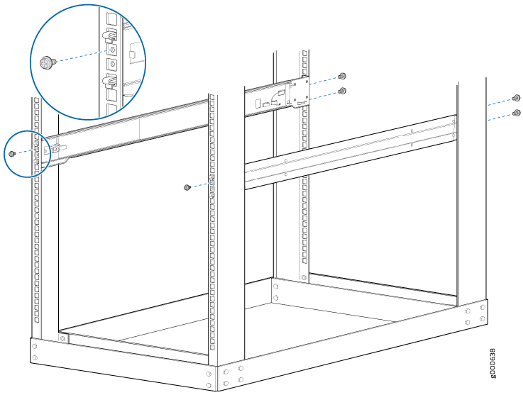 Assembly diagram of a server rack showing installation of horizontal support rails with screws. Includes a zoomed-in screw detail view.