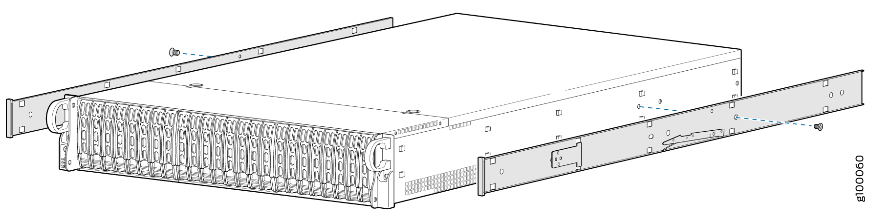 Server with rack-mounting rails being attached for installation into a rack, part of an IT equipment guide.