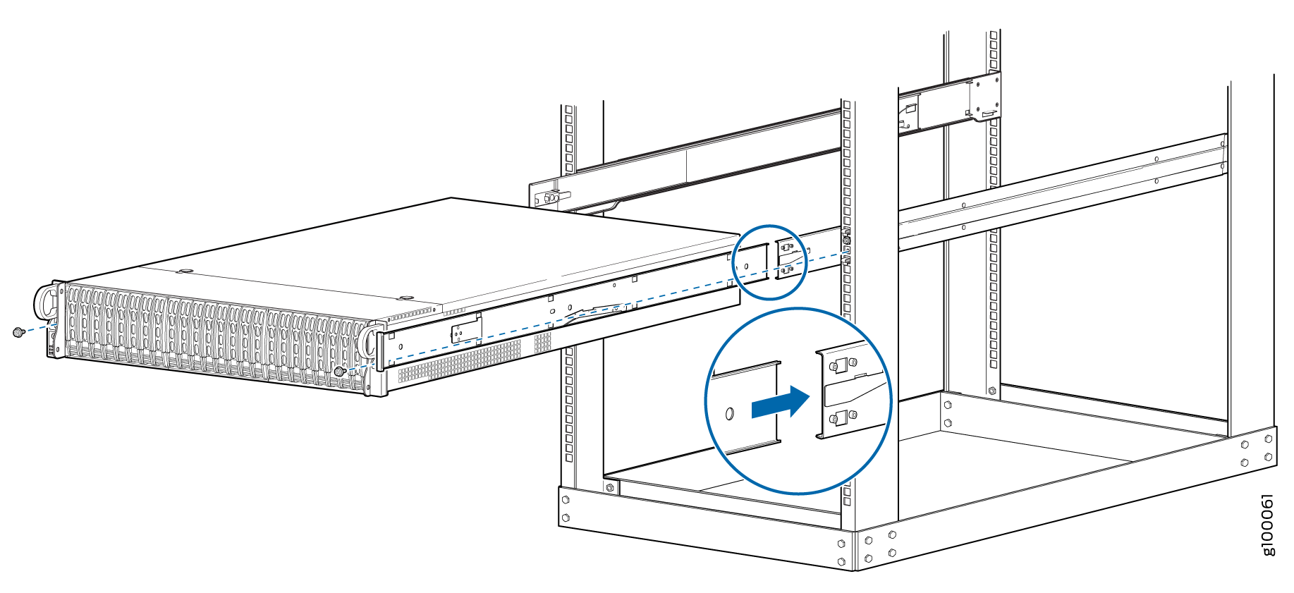 Server installation in a rack with sliding rails. Zoomed-in section shows rail attachment to rack, blue arrow indicates insertion direction.