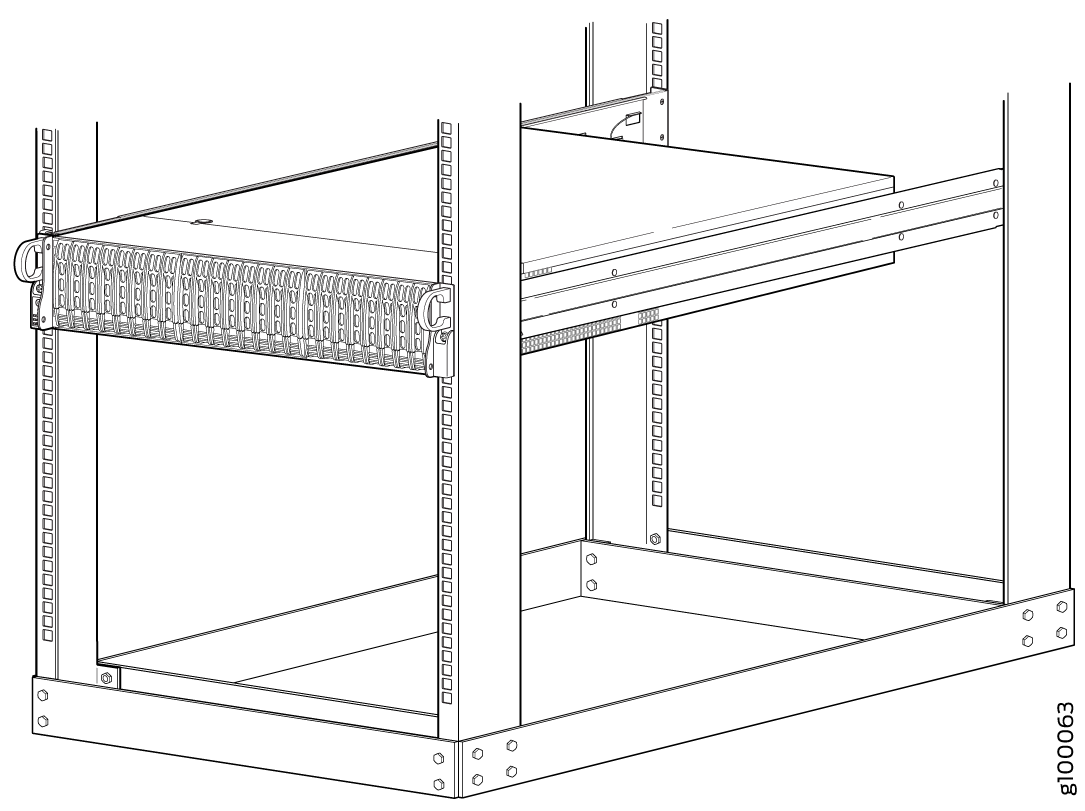 Technical drawing of a server rack with a rack-mounted component, showing vertical support rails, mounting holes, and front panel handles.