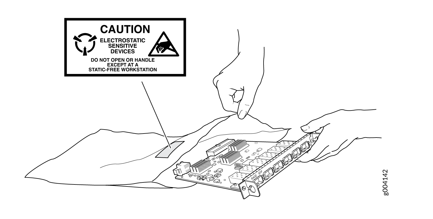 Person handling a network module labeled 6XGE SFP, removing it from an anti-static bag with an electrostatic-sensitive caution sign.