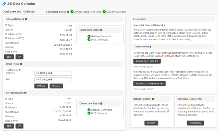 JSI Data Collector page when the LWC is connected successfully (releases earlier than version 1.0.43)