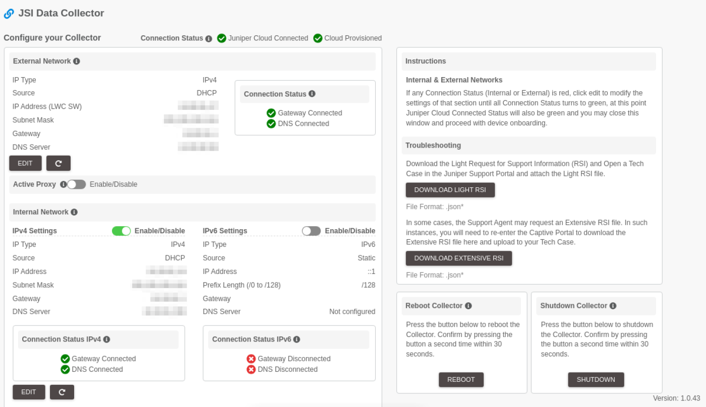 JSI Data Collector page when the LWC is connected successfully (version 1.0.43 and later releases)
