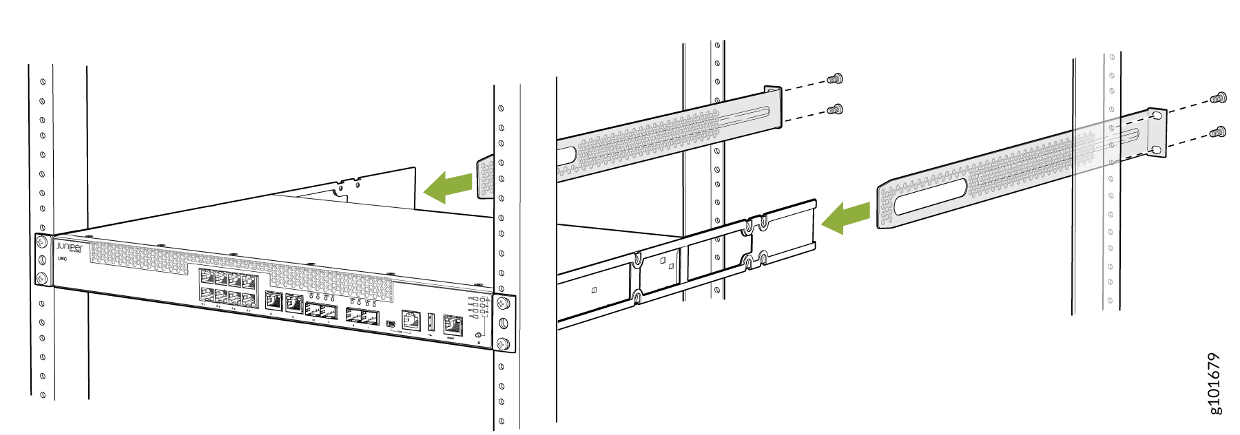 Juniper Networks rack-mounted device installation with mounting brackets and screws; green arrows guide bracket attachment direction.