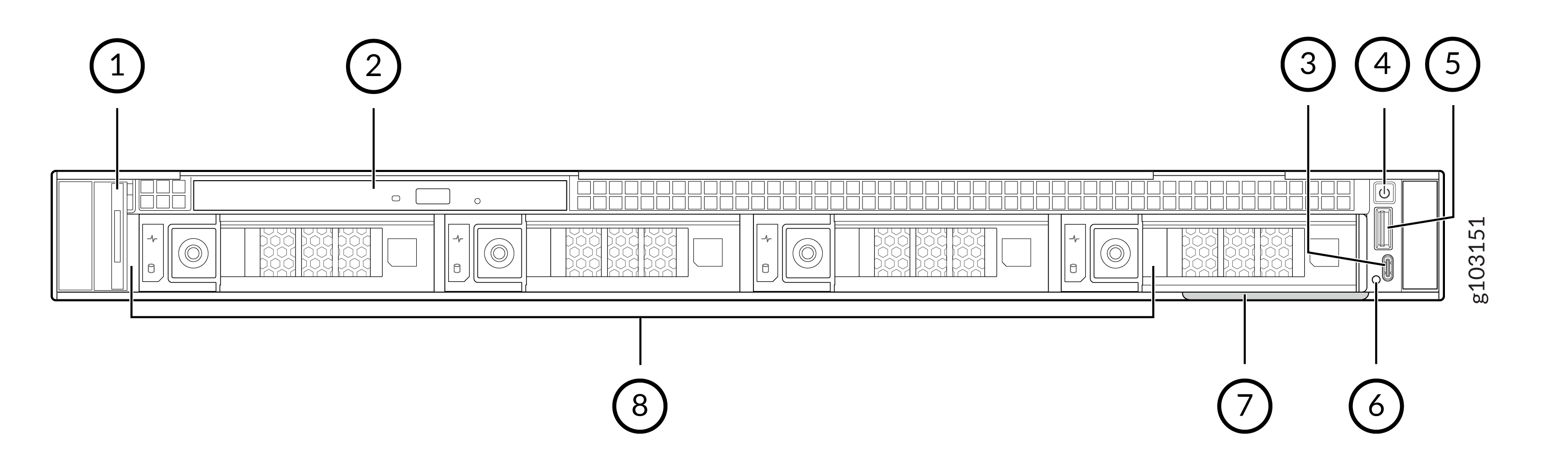Front view diagram of a rack-mounted server with labeled components including power button, status panel, USB port, network port, management port, drive bays, and cooling vents.