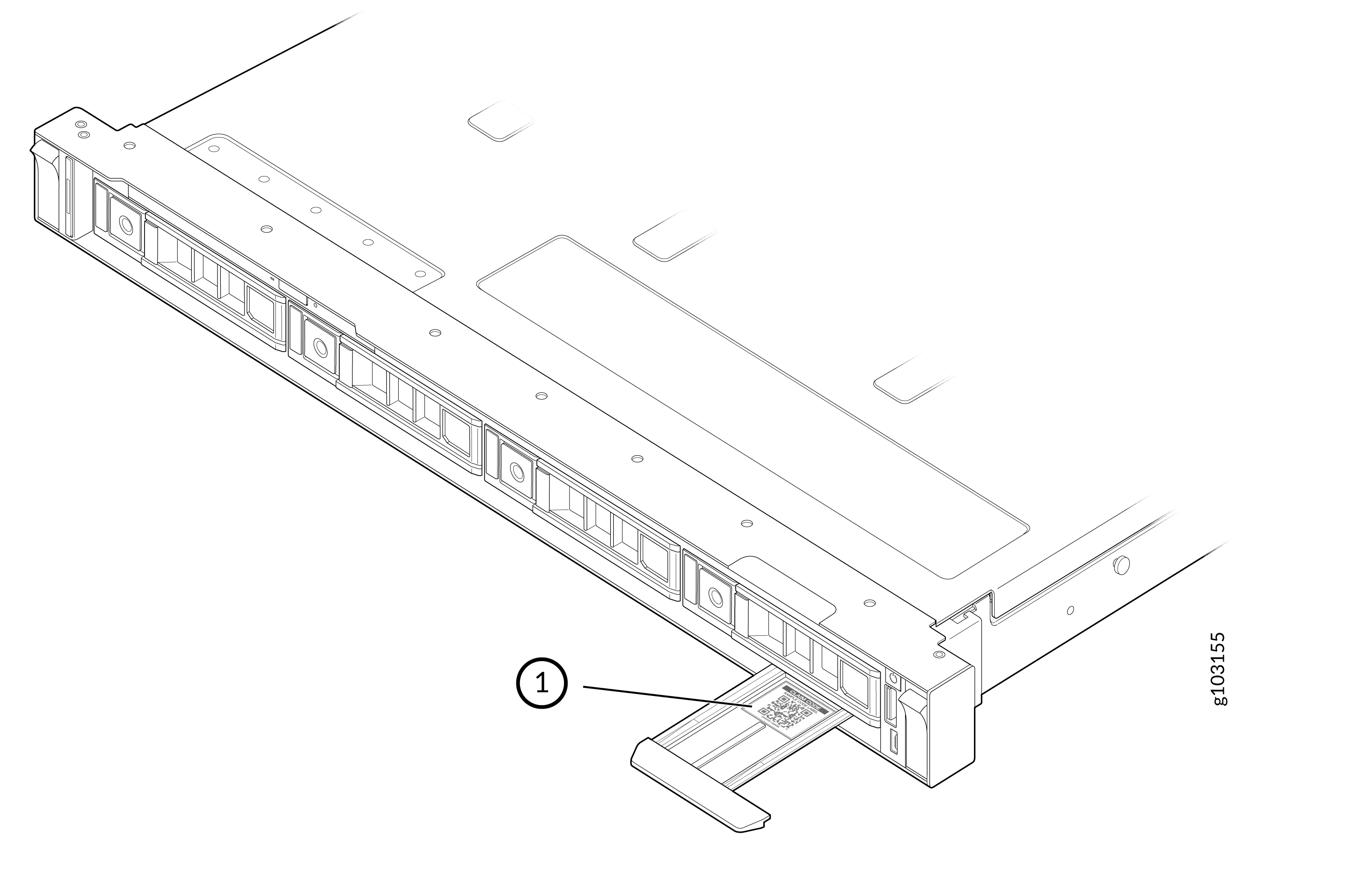 Server hardware component with pull-out tab labeled 1 featuring a QR code for asset tracking or maintenance.