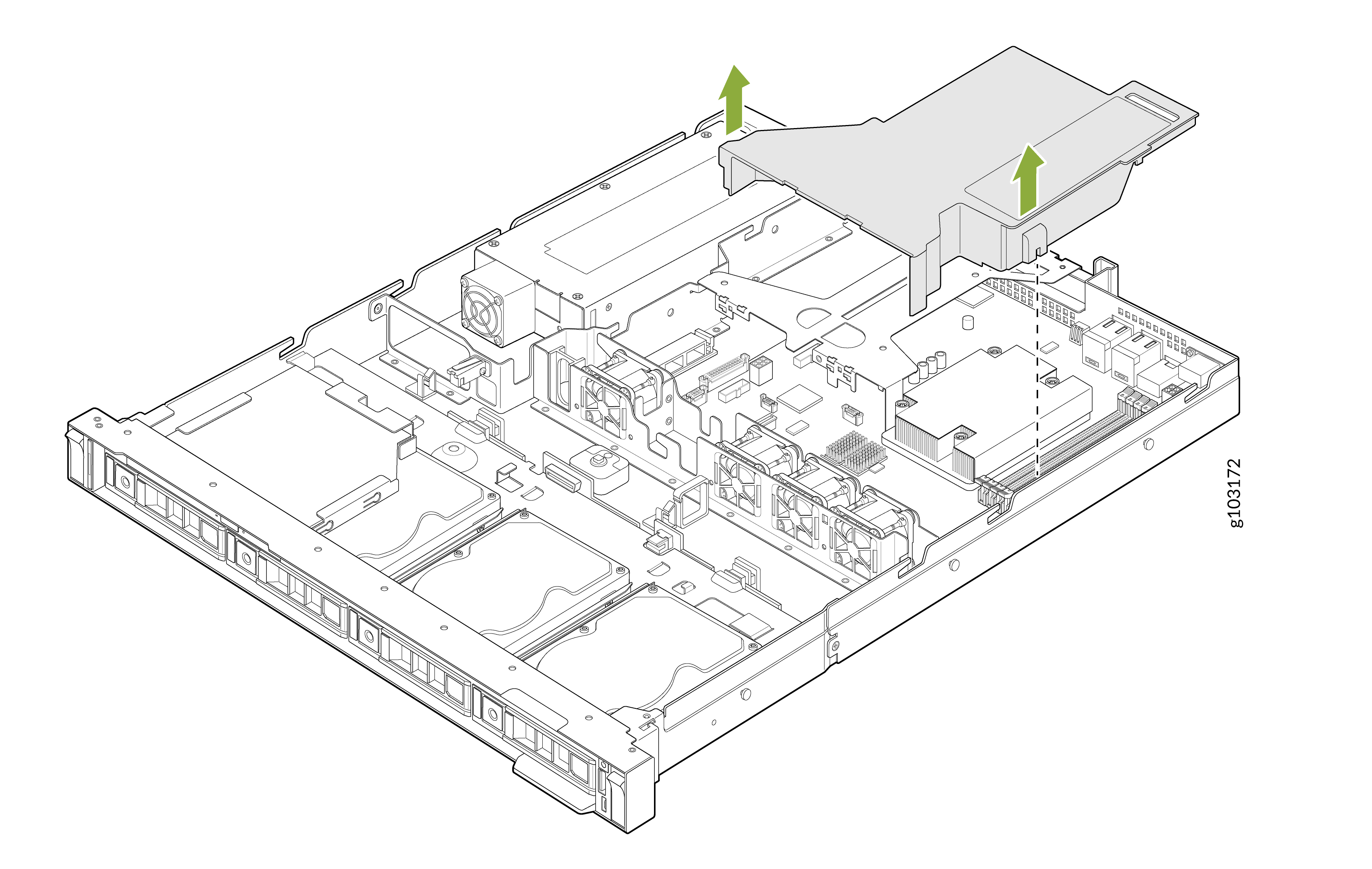 Technical illustration of a server chassis showing internal components with green arrows indicating removal of an airflow shroud directing air over processors and memory.