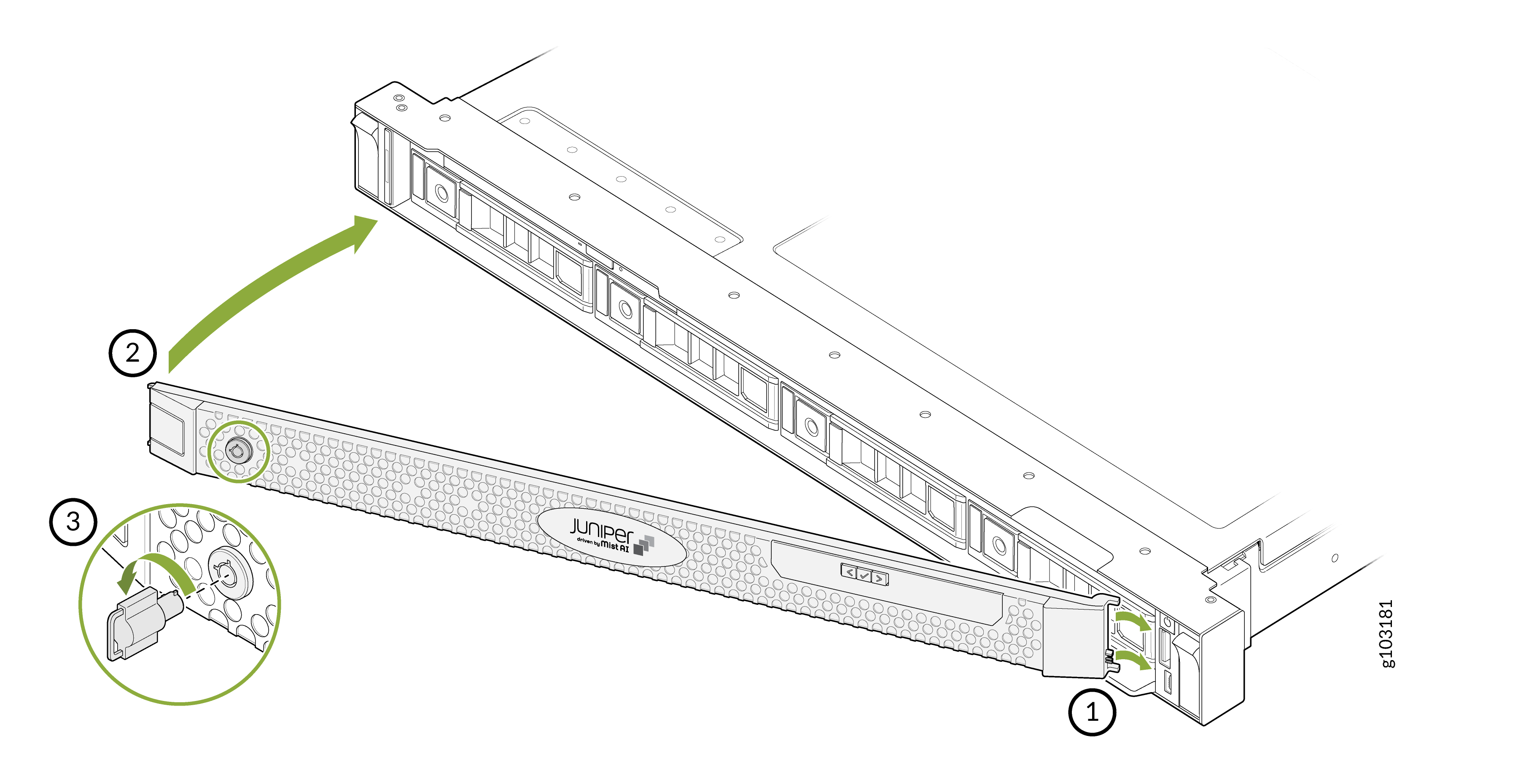 Removing or installing the front panel of a Juniper Networks device with steps showing panel insertion, alignment, and securing mechanism.