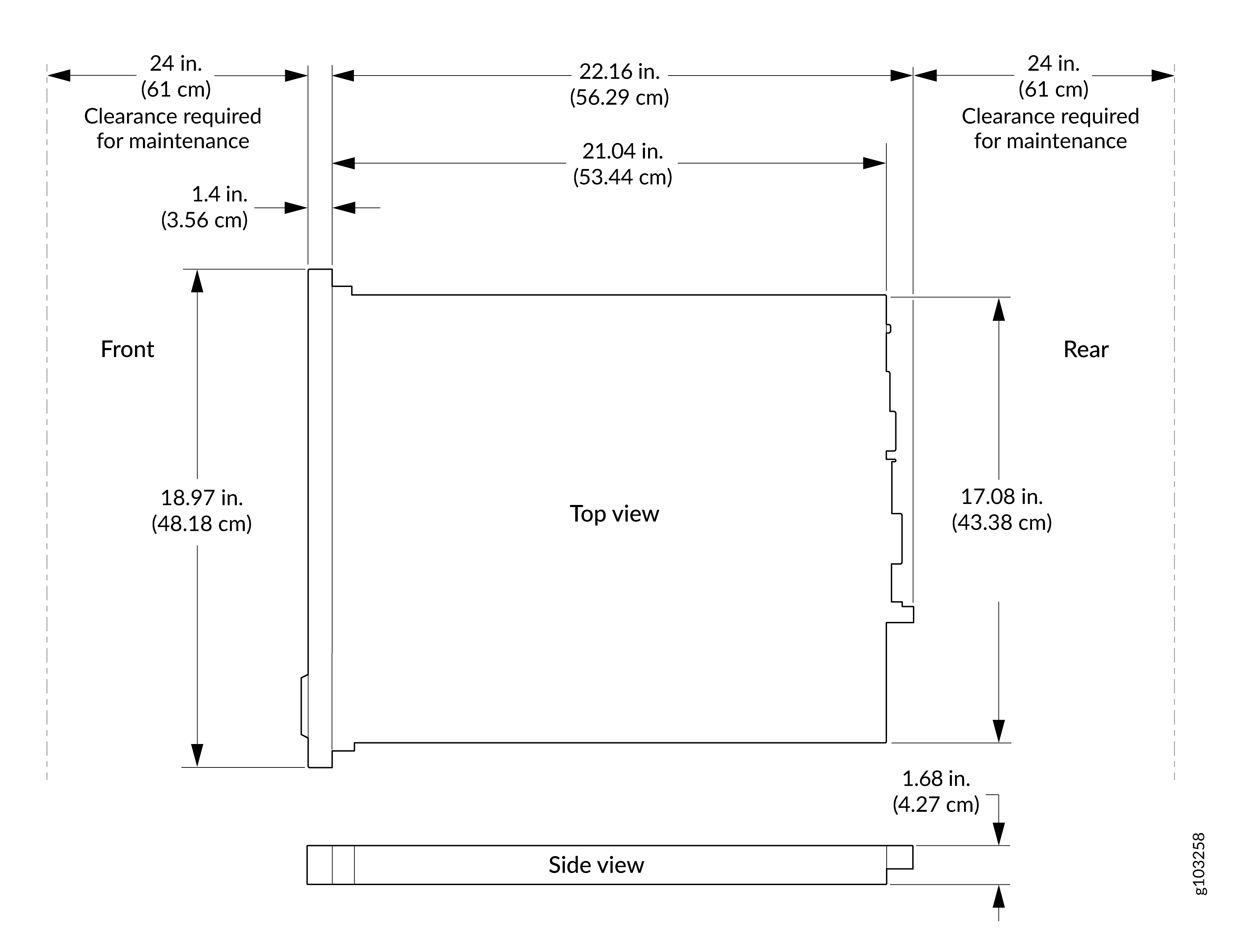 Technical drawing showing dimensions and clearance requirements for equipment. Top view: width 22.16 inches, depth 21.04 inches. Side view: height 18.97 inches at front, 17.08 inches at rear, clearance for maintenance 24 inches front and rear.