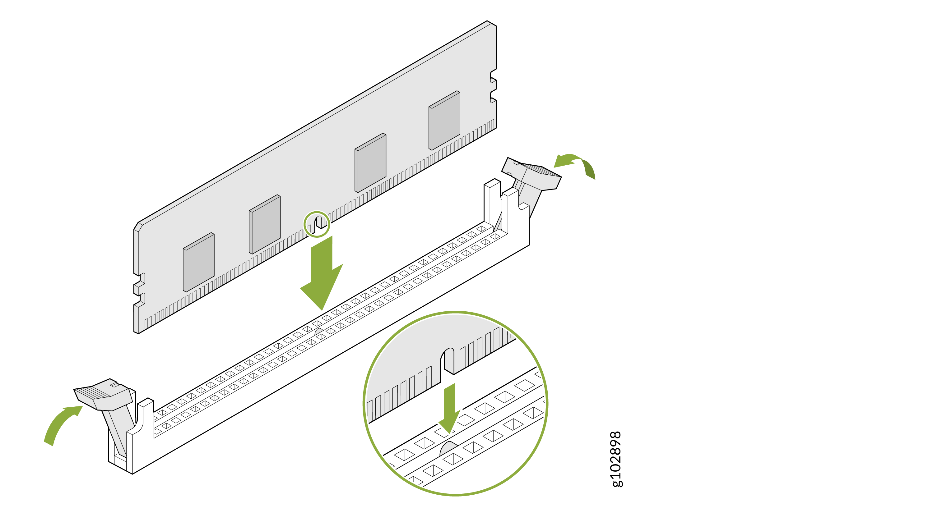 Illustration of installing a RAM module into a computer's memory slot with arrows indicating insertion direction and clips securing RAM.