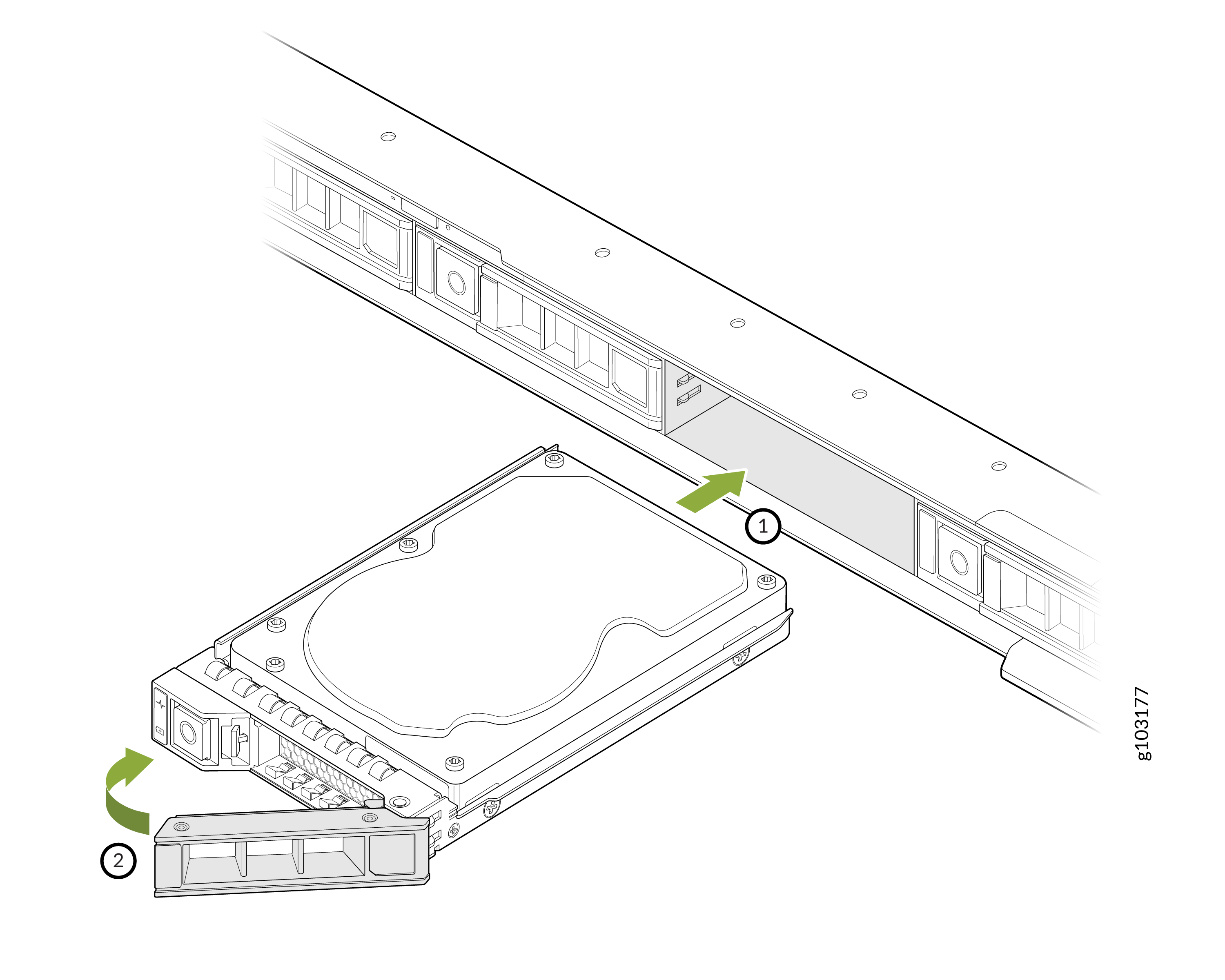 Hard drive being inserted into or removed from a server drive bay with green arrows indicating the direction of movement.
