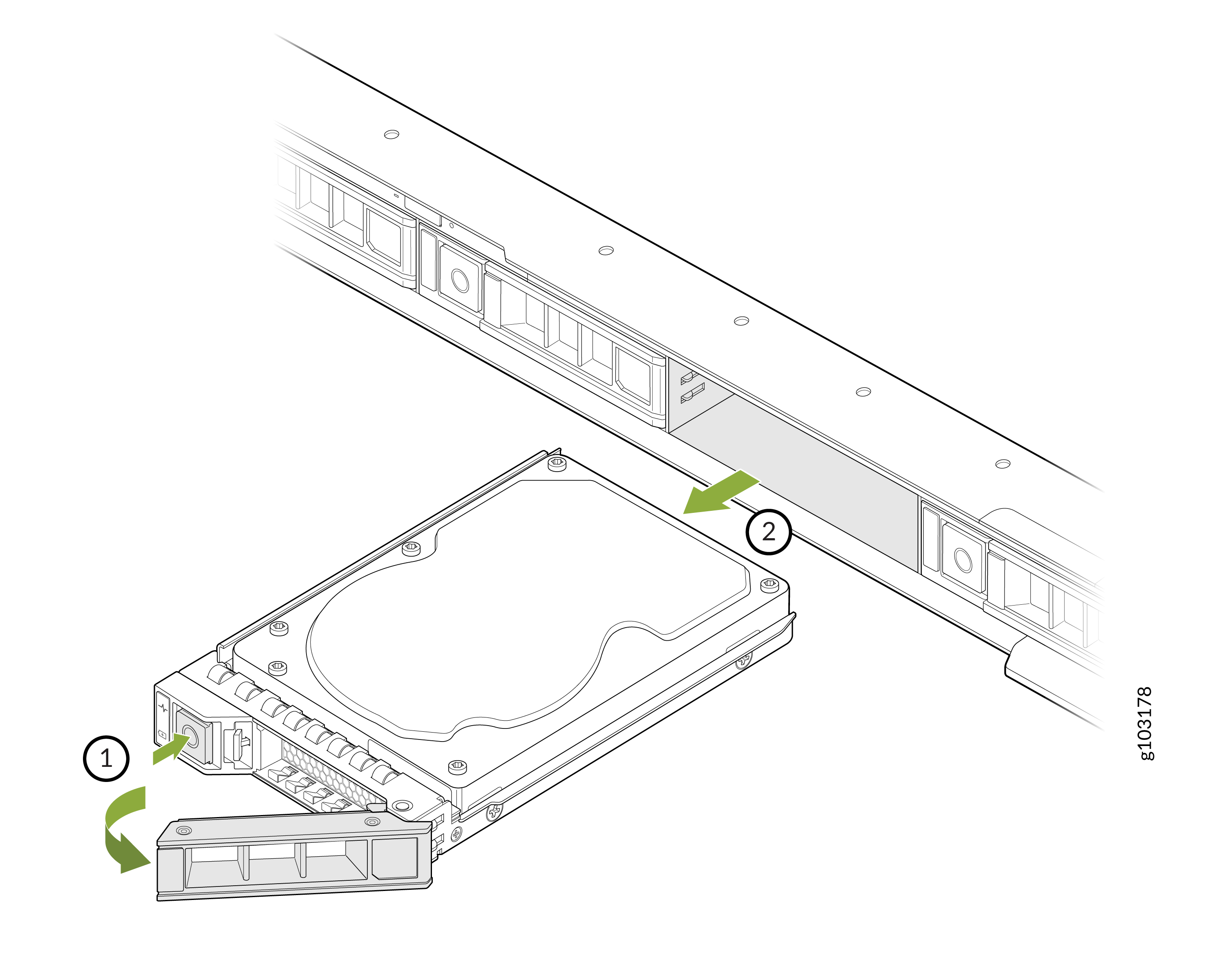 Technical illustration of removing or installing a hard drive in a server with steps: 1. Release latch. 2. Slide drive in or out.