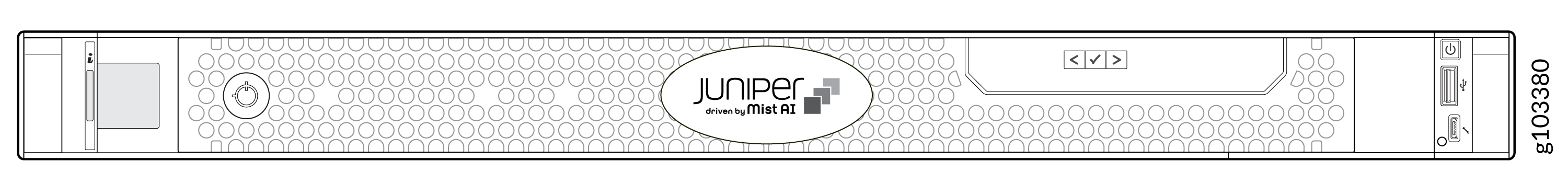 Juniper Networks hardware with Mist AI branding featuring ventilation holes and connectivity ports designed for enterprise networking.