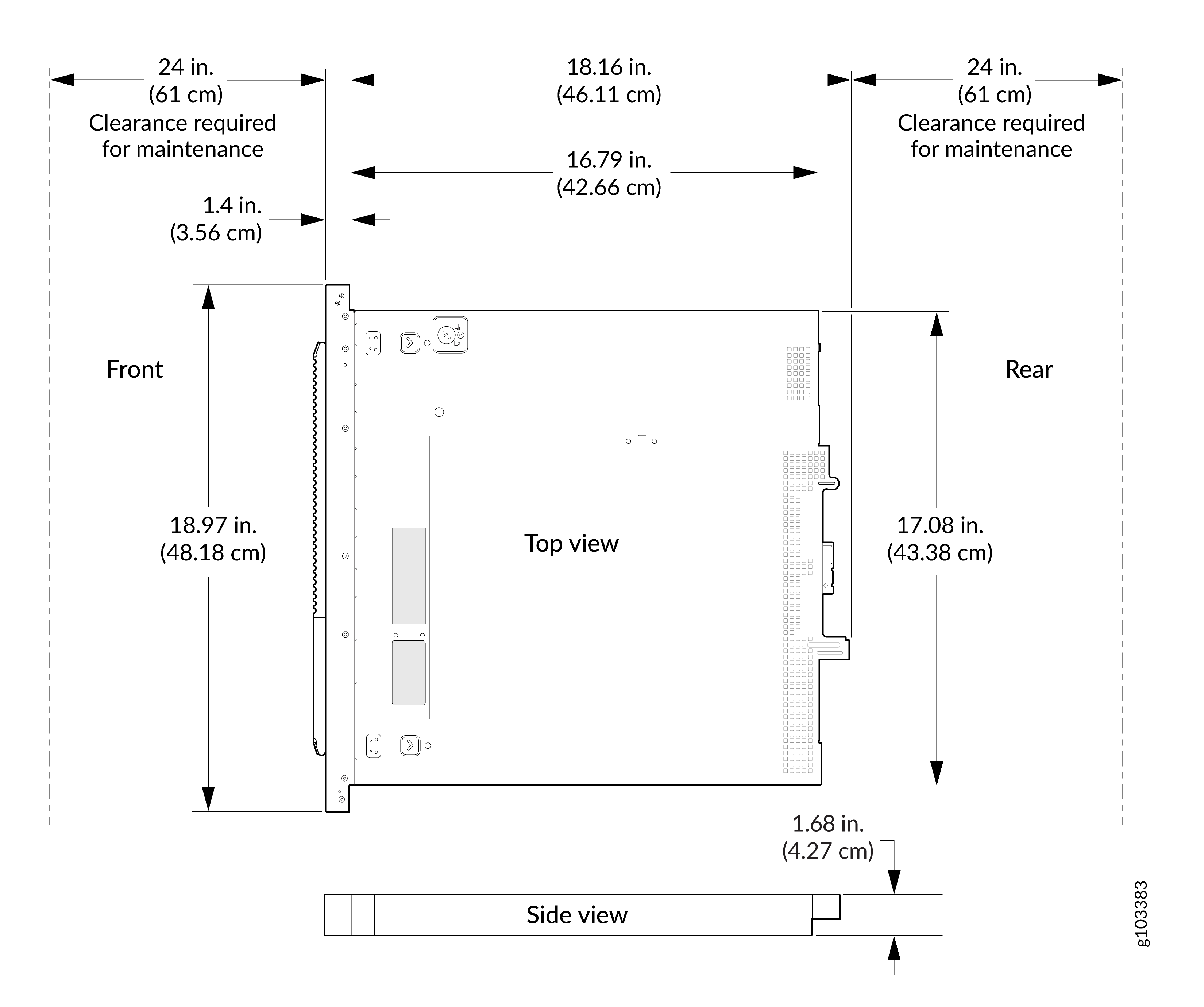 Technical diagram showing equipment dimensions and maintenance clearances, including top and side views with measurements in inches and centimeters.
