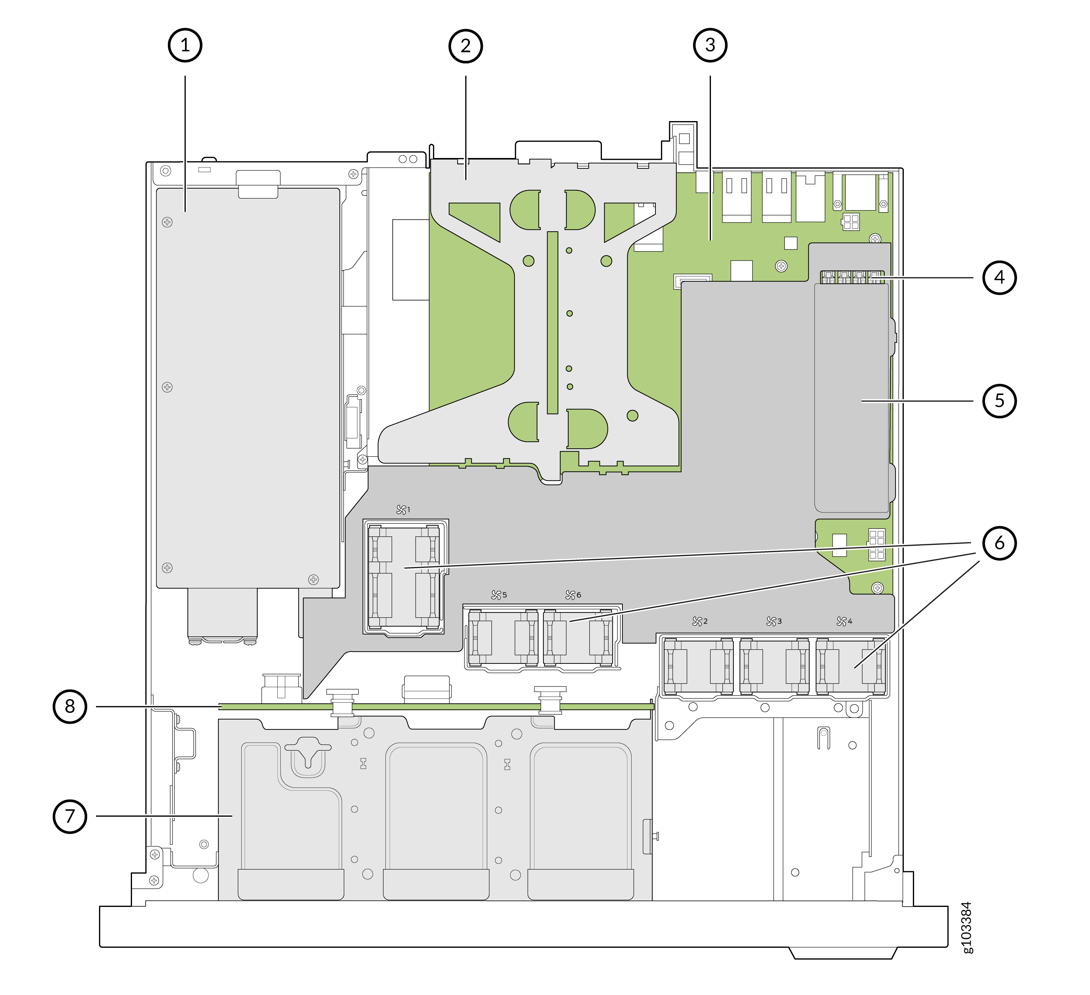 Labeled diagram of a server's internal components showing key hardware parts including power supply unit, cooling system, I/O ports, memory slots, processor with heatsink, expansion slots, storage bays, and motherboard.