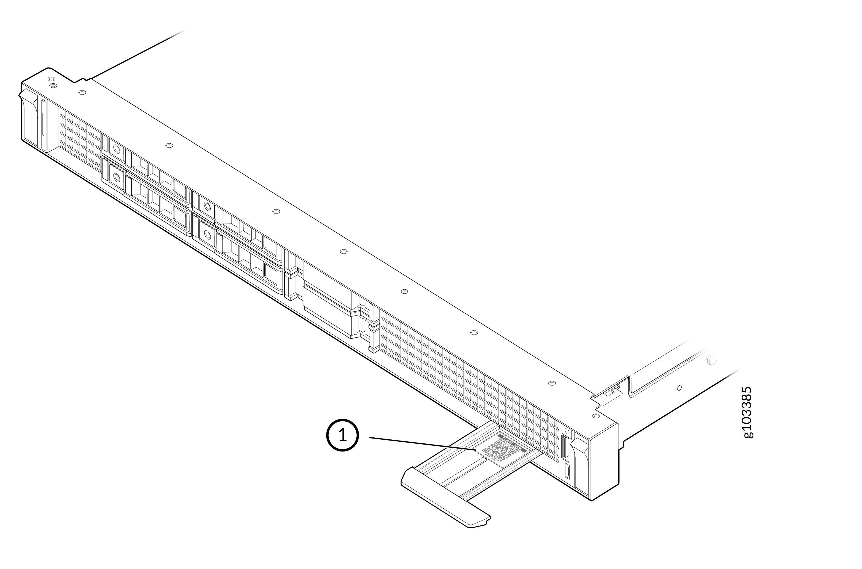 Server hardware with pull-out tab labeled for asset tracking containing identification details like QR code or serial number.