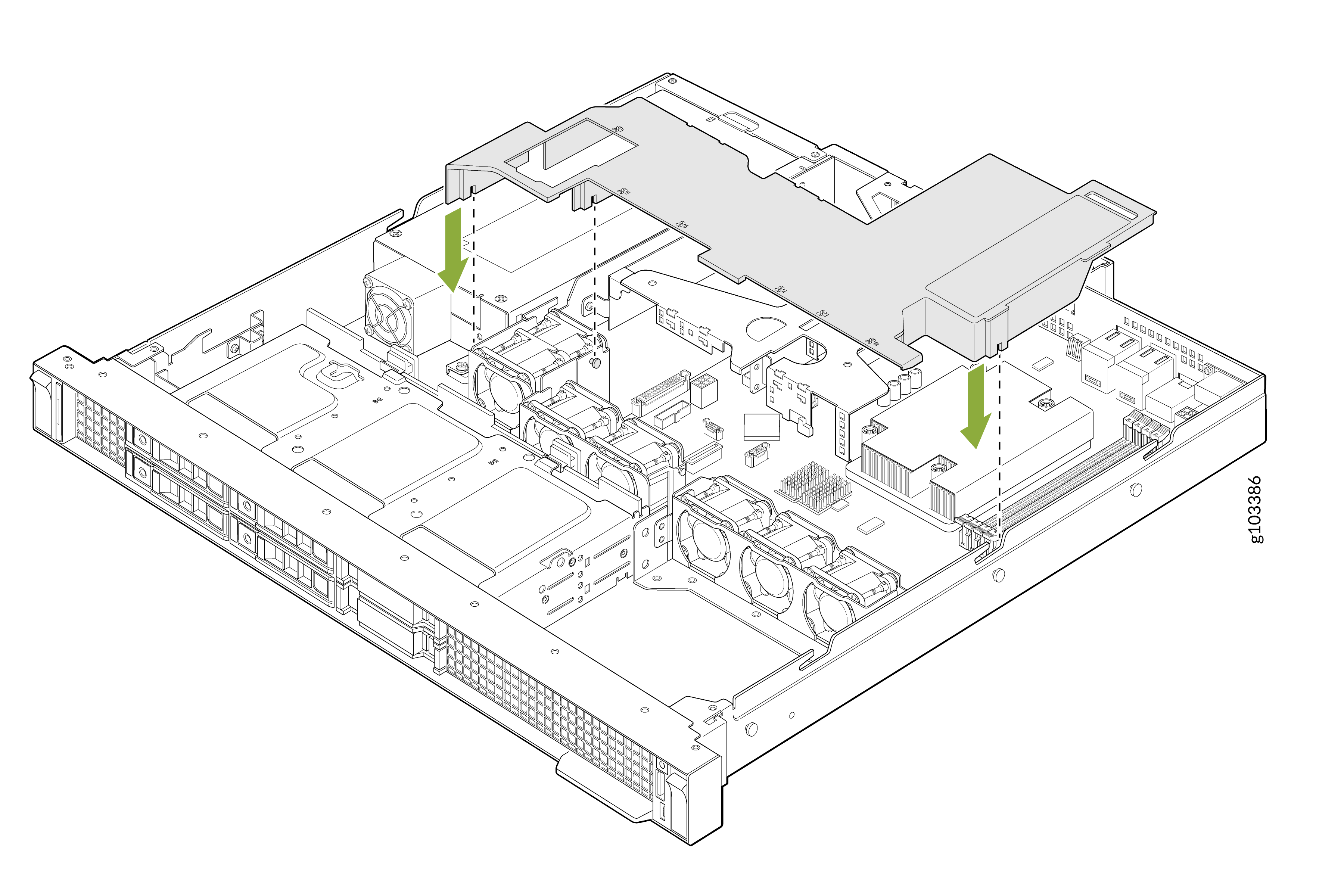 Technical illustration of a server chassis showing internal components including cooling fans, processors, memory slots, with green arrows indicating installation or removal of components.