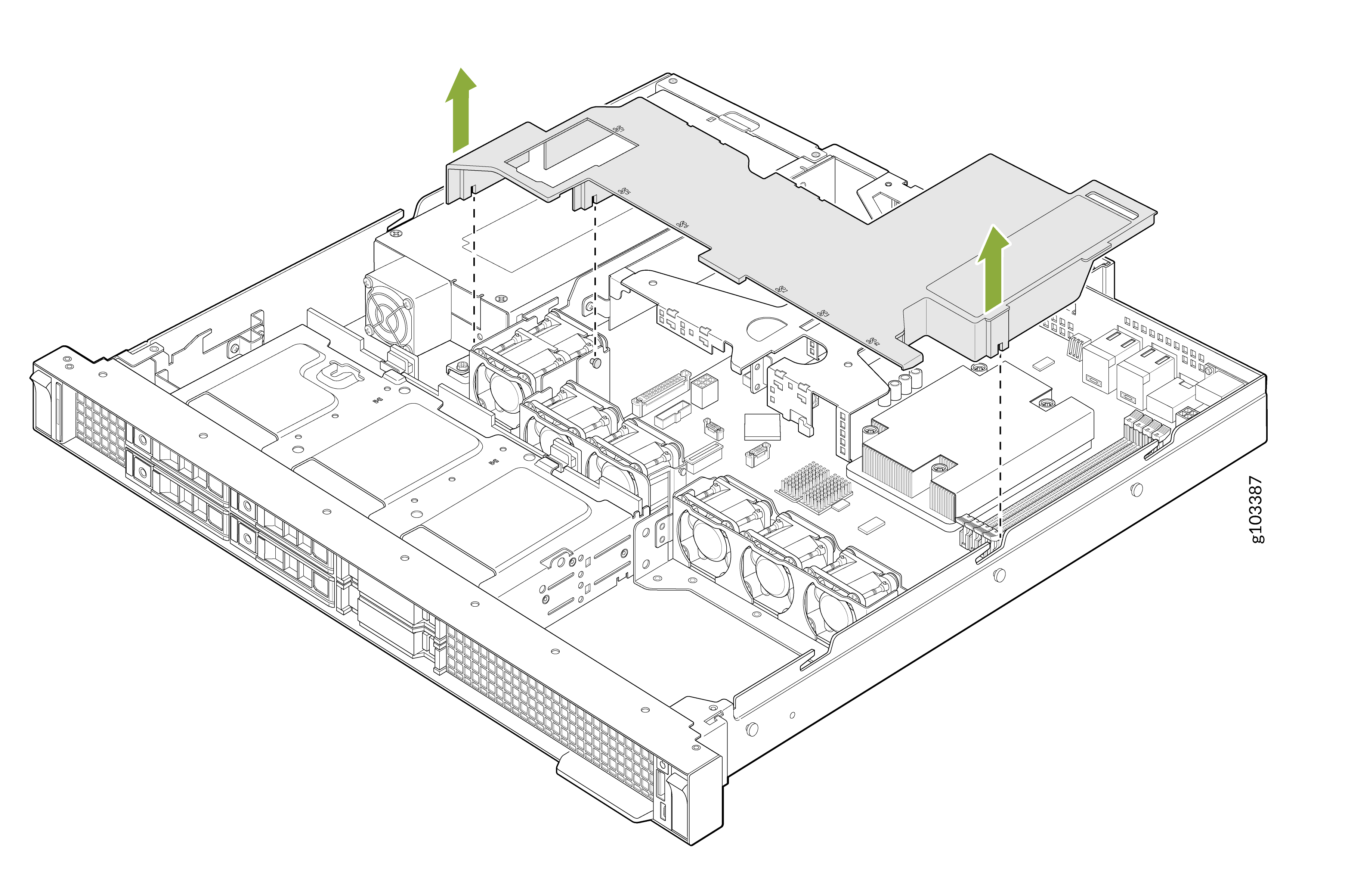 Internal layout of a server with labeled components like cooling fans, drive bays, and circuit boards. Green arrows show removal of a cover for maintenance.