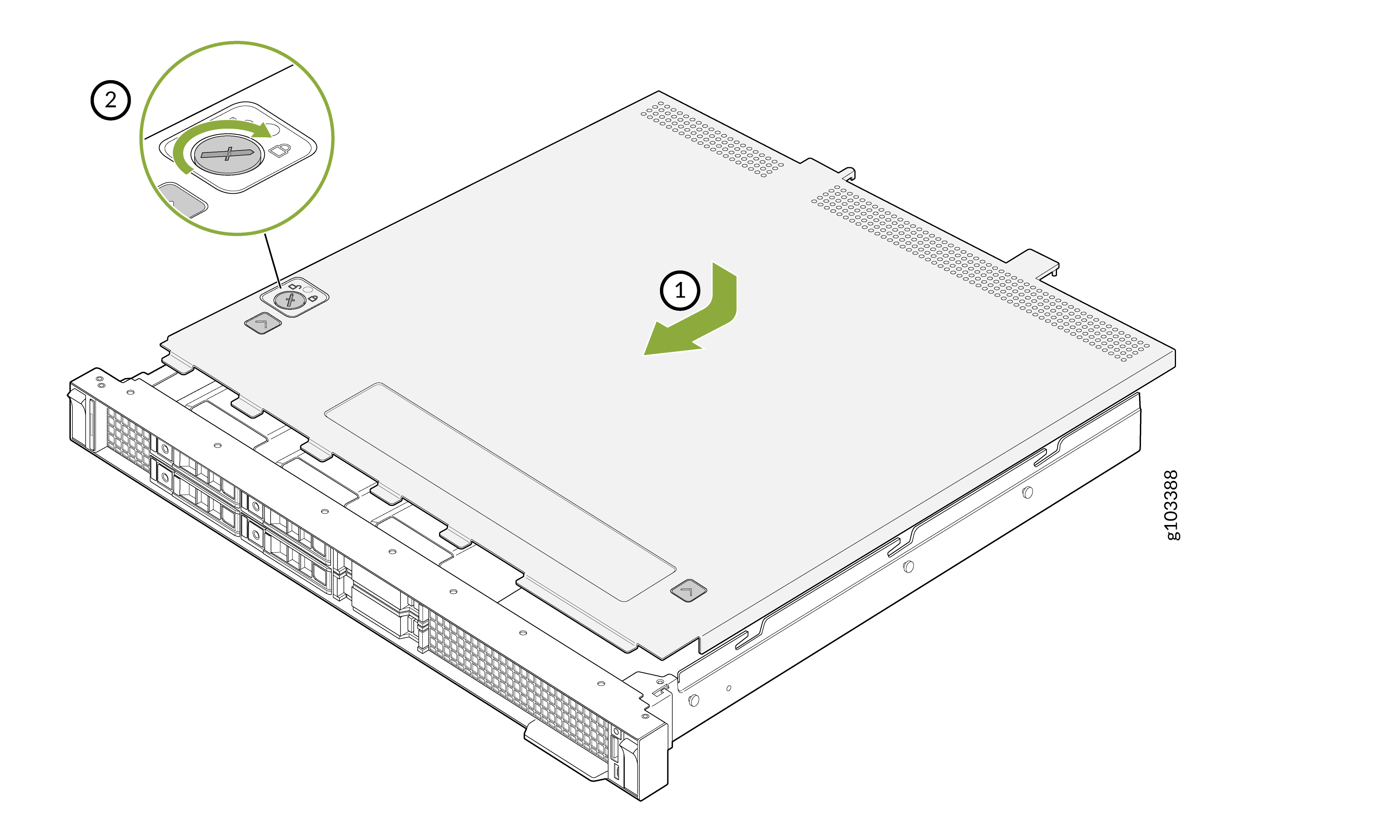 Server chassis top cover removal instructions showing steps to slide the cover and loosen a screw or latch mechanism.