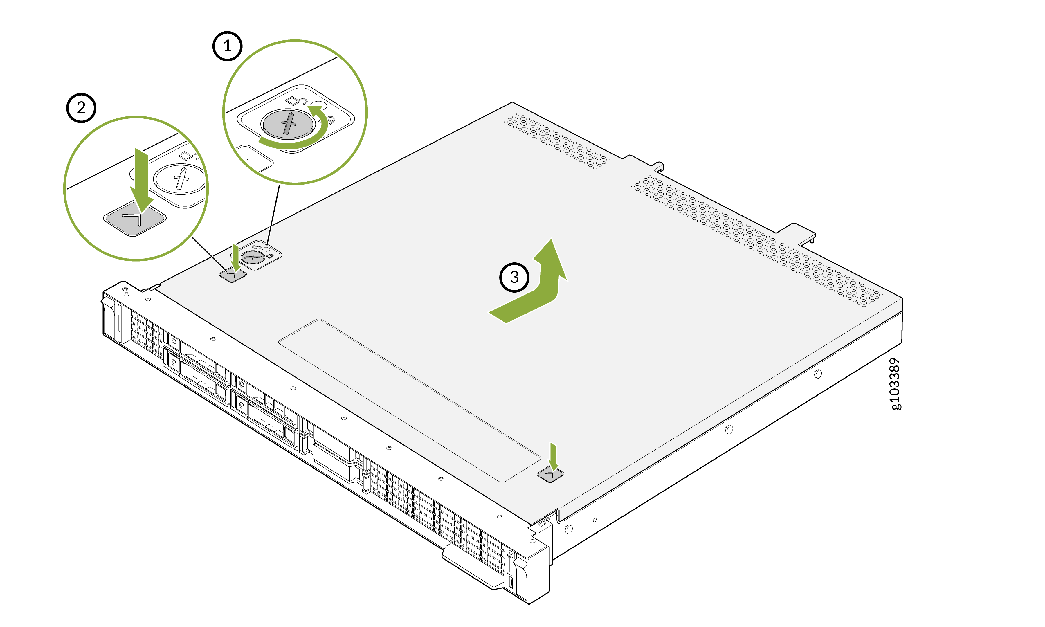 Illustration showing steps to remove a top cover: 1. Rotate lock to unlock. 2. Release latch. 3. Lift cover to access components.