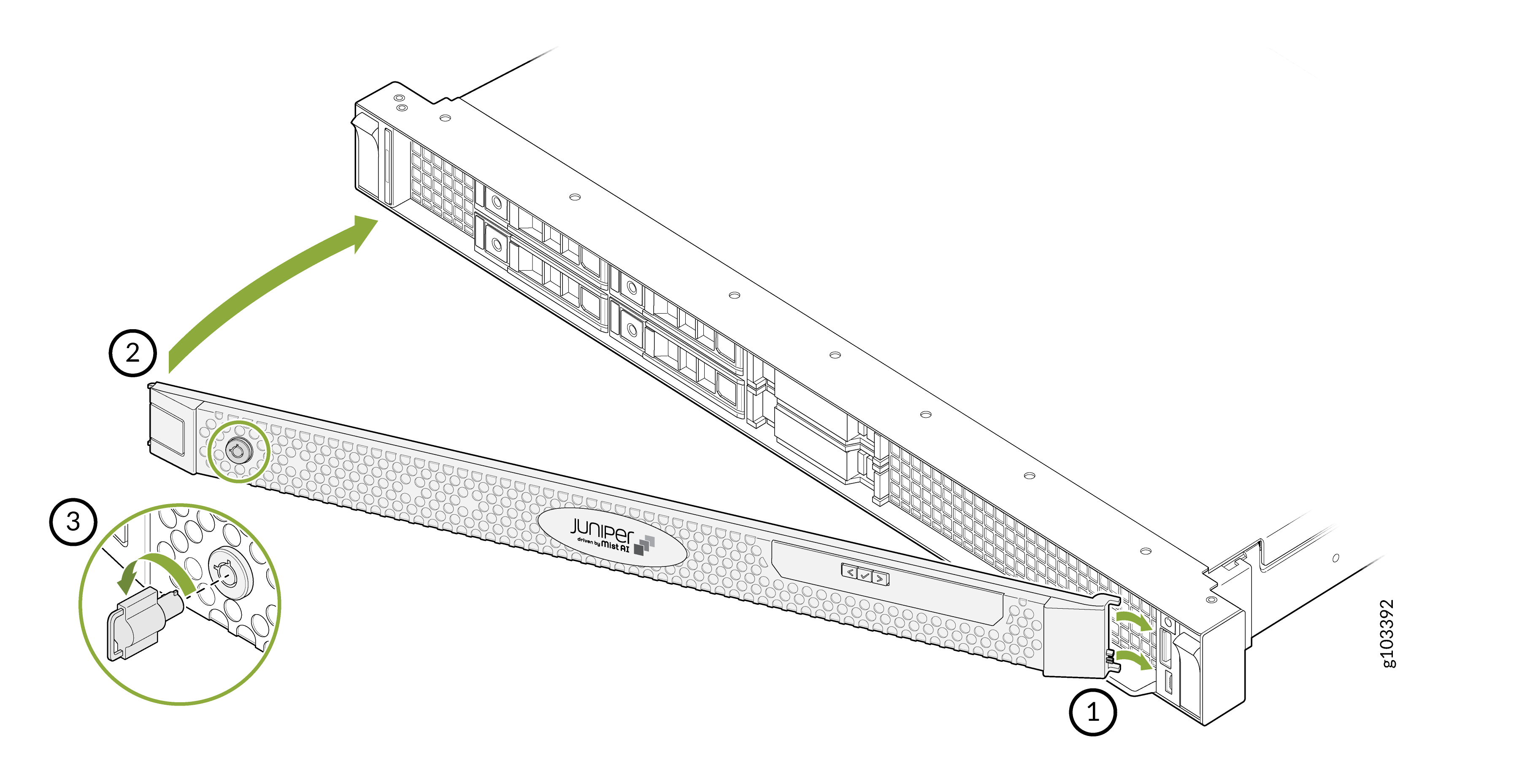 Removing or installing the front panel of a Juniper Networks device in three steps: releasing latches, pulling the panel away, and a close-up of the latch mechanism.