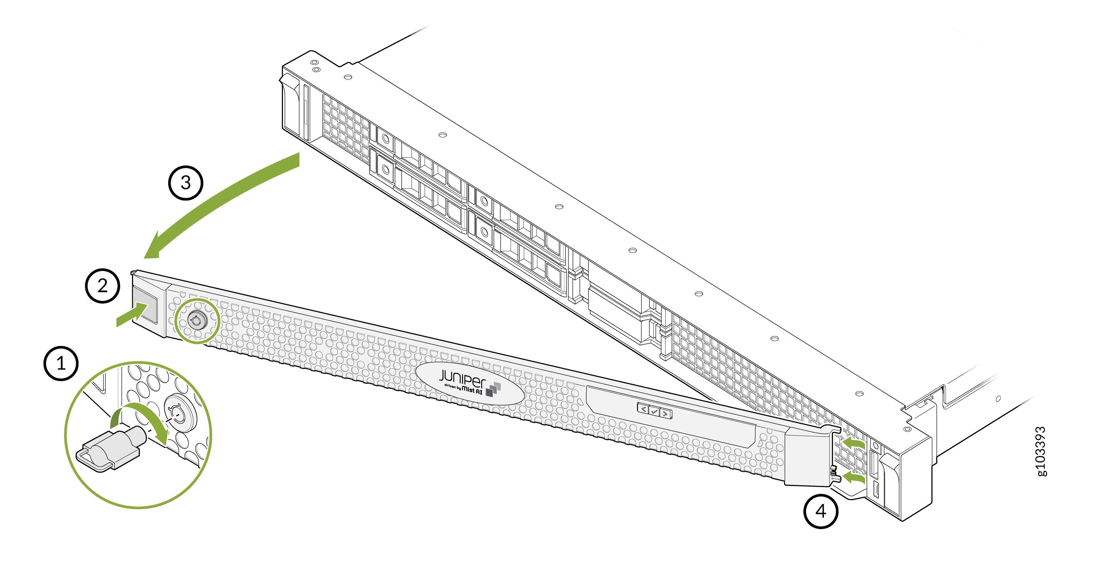 Removing or installing a front panel on a Juniper device with steps to disengage latch, loosen screw, pull panel, and align points.